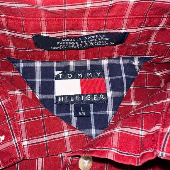 Tommy Hilfiger 90s Plaid Shirt Mens Large Red Long Sleeve Button Up Vintage - Picture 9 of 16